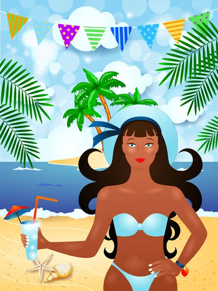 Summer Background Attractive Girl Tropical Island Vector Illustration — Stock Vector