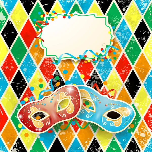 Máscaras Carnaval Etiqueta Sobre Fondo Arlequín — Vector de stock