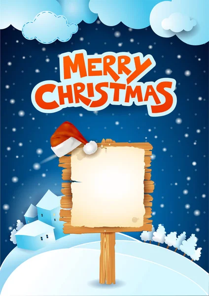Weihnachtsschild Und Text Auf Schneebedecktem Hintergrund — Stockvektor