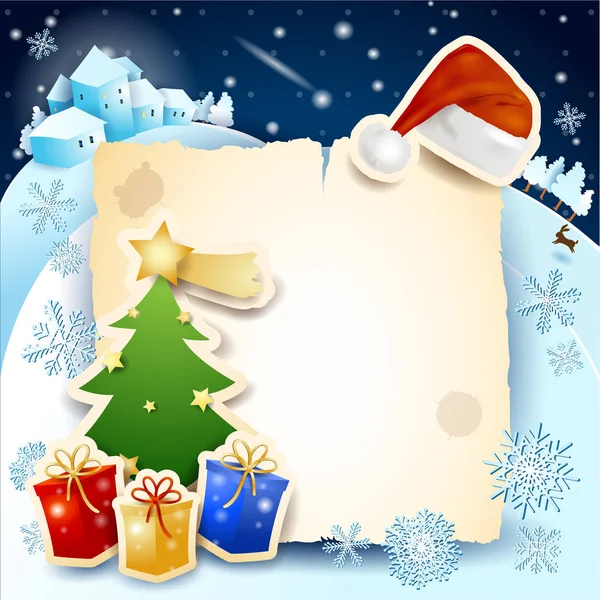 羊皮紙 ツリーとサンタ帽子とクリスマスの背景 — ストックベクタ