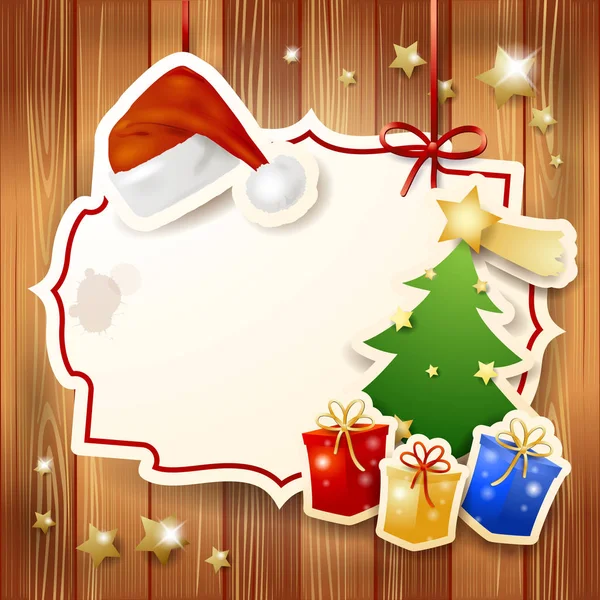 Etiqueta Navidad Con Sombrero Árbol Con Regalos — Vector de stock