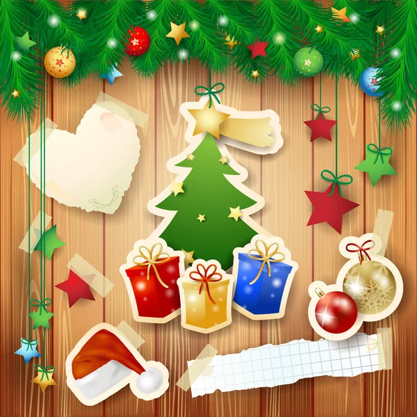 Weihnachtlicher Hintergrund Mit Baum Geschenken Und Papierelementen — Stockvektor