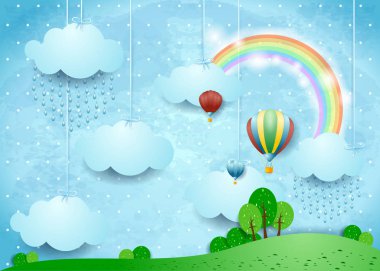 Fantezi manzara yağmur ve sıcak hava balonları, vektör çizim