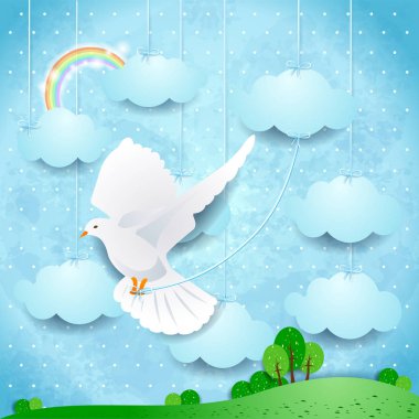 Gerçeküstü Manzara güvercin ve asılı bulutlar ile. Vektör çizim 