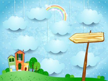 Gerçeküstü Manzara küçük kasaba ve ok işareti ile. Vektör çizim 