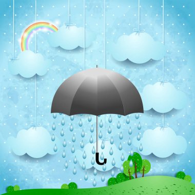 Şemsiye ve yağmur, vektör çizim ile gerçeküstü manzara 
