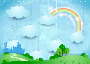 Gerçeküstü Manzara ile asılı bulutlar ve küçük şehir. Vektör çizim 