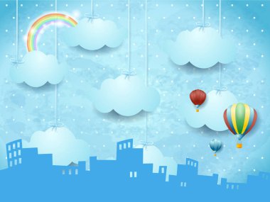 Bulutlar, gerçeküstü manzara asma fantezi manzarası. Vektör çizim 