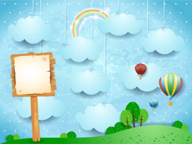 Gerçeküstü Manzara sıcak hava balonları ve ahşap işareti. Vektör çizim 