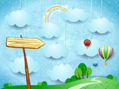 Gerçeküstü Manzara sıcak hava balonları ve ok işareti ile. Vektör çizim 