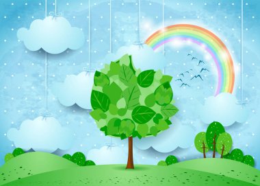 Gerçeküstü Manzara ile asılı bulutlar ve büyük ağaç. Vektör çizim 