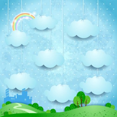 Gerçeküstü Manzara ile asılı bulutlar ve küçük şehir. Vektör çizim 