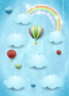 Sıcak hava balonları ve rainbow ile gerçeküstü cennet. Vektör çizim 