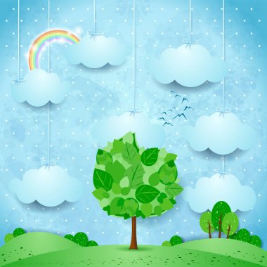 Gerçeküstü Manzara ile asılı bulutlar ve büyük ağaç. Vektör çizim 