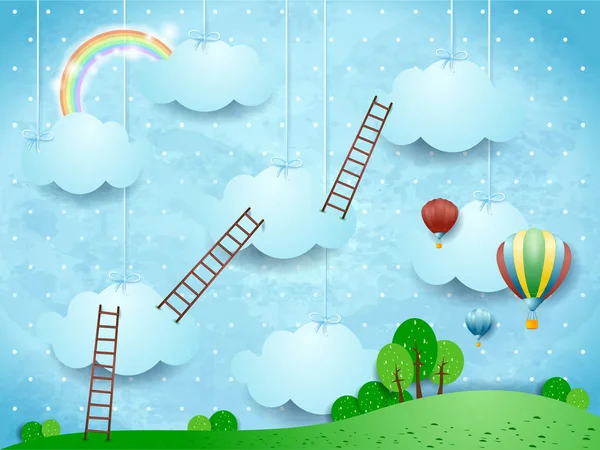 Surrealistisch Landschap Met Ladders Hete Lucht Ballonnen Vectorillustratie — Stockvector