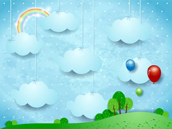 梦幻般的风景与挂云和气球 向量例证 — 图库矢量图片