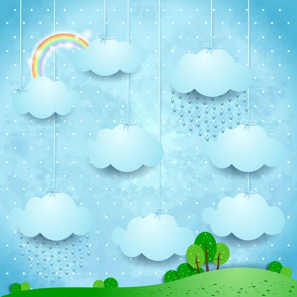 Surreal landscape with hanging clouds and rain. Vector illustration