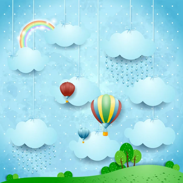Surreale Landschaft Mit Regen Und Heißluftballons Vektorillustration — Stockvektor
