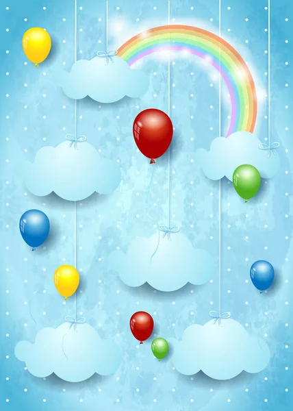 Surreal Cloudscape Colorful Balloons Vector Illustration — Stock Vector