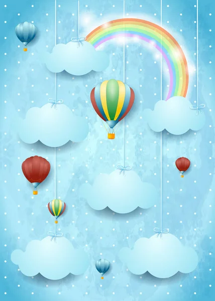 熱気球と虹と超現実的な Cloudscape ベクトル図 — ストックベクタ
