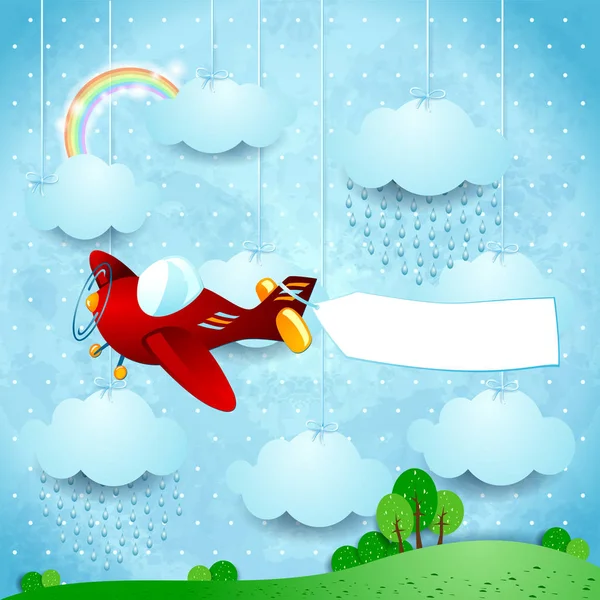 Surreal Landscape Airplane Banner Rain Vector Illustration — Stock Vector