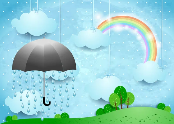Gerçeküstü Manzara şemsiye ve yağmur, yatay sürüm ile. Vektör çizim 