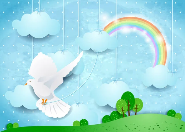 鳩とぶら下げ雲シュールな風景 ベクトル図 — ストックベクタ