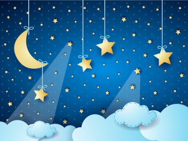 Gece ay ve asılı yıldız tarafından gerçeküstü cennet. Vektör çizim 