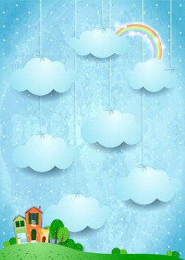 Gerçeküstü Manzara evleri ve asılı bulutlar ile. Vektör çizim 