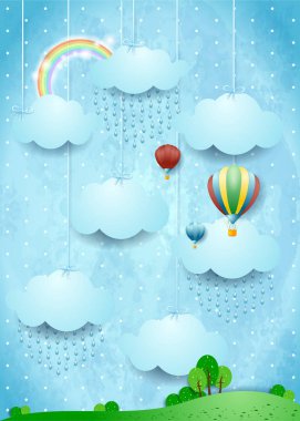 Yağmur ve sıcak hava balonları, vektör çizim gerçeküstü manzara 