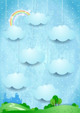 Gerçeküstü Manzara ile asılı bulutlar ve küçük şehir. Vektör çizim