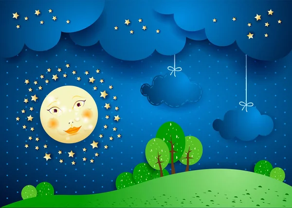 Paysage Surréaliste Nuit Avec Pleine Lune Nuages Suspendus Illustration Vectorielle — Image vectorielle