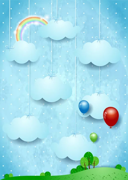 Surrealistisch Landschap Met Hangende Wolken Ballonnen Vectorillustratie — Stockvector