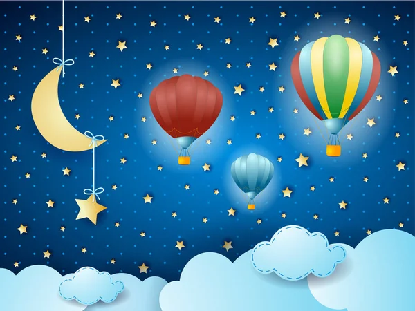 Surreale Wolkenlandschaft Mit Hängendem Mond Und Luftballons Vektorillustration — Stockvektor