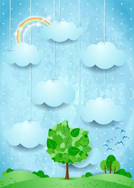 Paisaje Surcos Con Nubes Colgantes Gran Árbol Ilustración Vectorial — Vector de stock