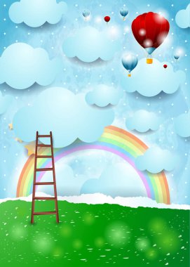 Gerçeküstü manzara merdiven ve sıcak hava balonları, vektör çizim 