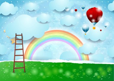 Merdiven ve sıcak hava balonları ile gerçeküstü manzara. Vektör çizimi 