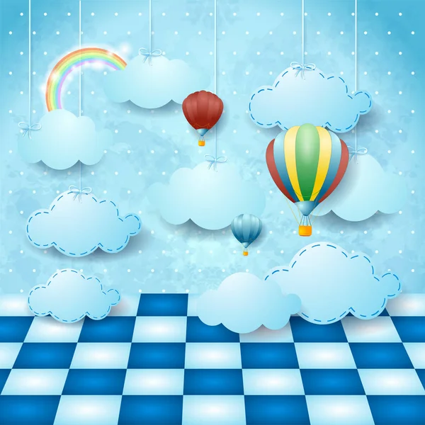 掛かる雲 風船および床とシュールな風景 ベクトル図 — ストックベクタ