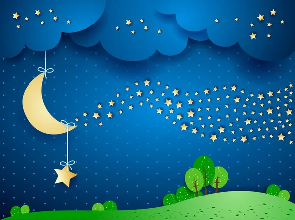 Surreal Landscape Night Wave Stars Vector Illustration — Stock Vector