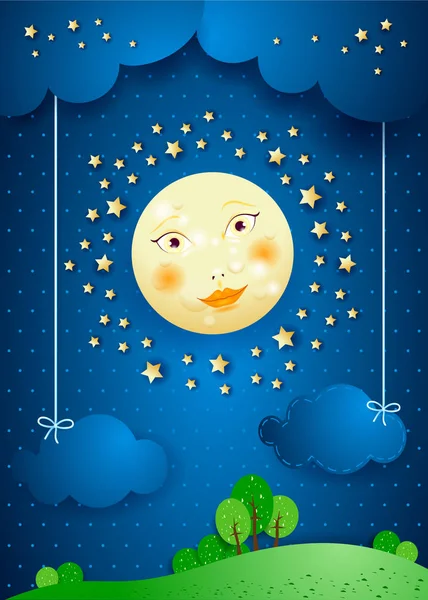 Paisaje Surrealista Por Noche Con Luna Llena Nubes Colgantes Ilustración — Archivo Imágenes Vectoriales