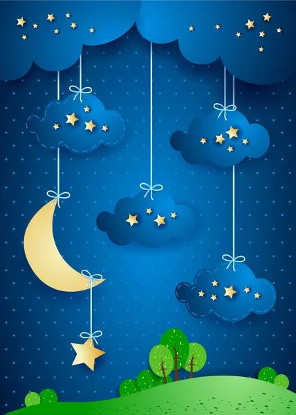 Paysage Surréaliste Nuit Avec Nuages Suspendus Étoiles Illustration Vectorielle — Image vectorielle