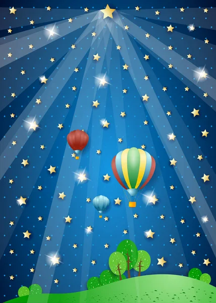 超现实的夜晚 有灯光和热气球 向量例证 — 图库矢量图片
