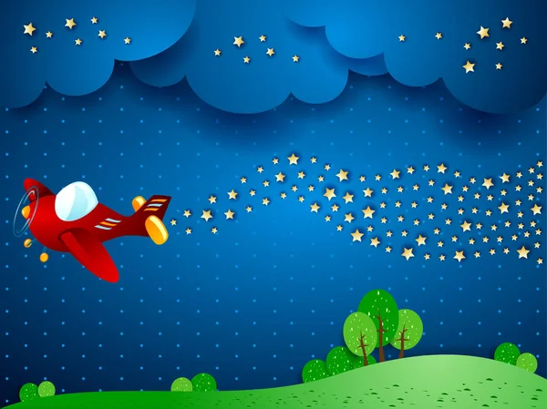 Surreal Night Airplane Wave Stars Vector Illustration — Stockový vektor