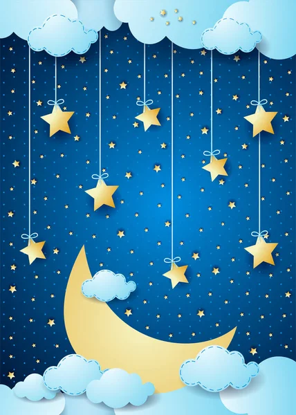 Surrealistyczne Nocy Duży Księżyc Wiszące Gwiazd Ilustracja Wektorowa — Wektor stockowy