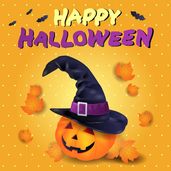 Tarjeta Halloween Con Calabaza Sombrero Texto — Vector de stock