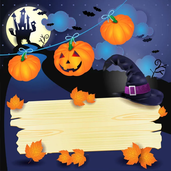 Fondo Halloween Con Calabazas Letrero Madera Castillo — Vector de stock