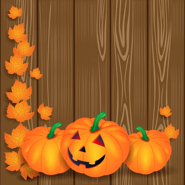 Illustration Halloween Avec Citrouilles Feuilles Sur Fond Bois — Image vectorielle