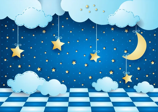 Ilustración Del Cielo Nocturno Con Estrellas Nubes Piso Cuadros — Vector de stock