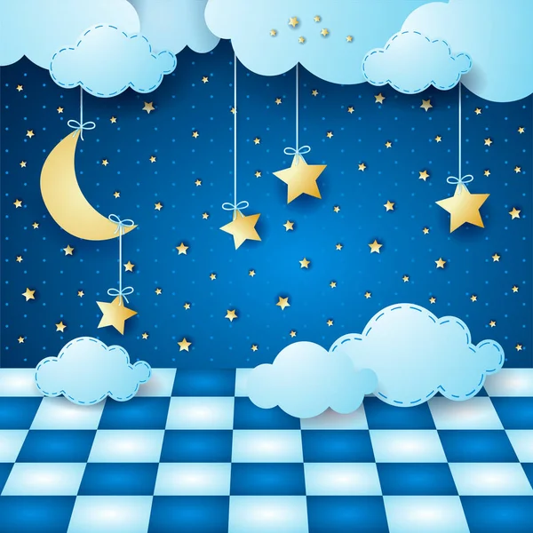 Night Sky Illustration Stars Clouds Checkered Floor — Stock Vector