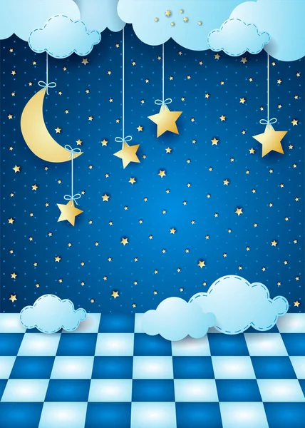 Night Sky Illustration Stars Clouds Checkered Floor — Stock Vector